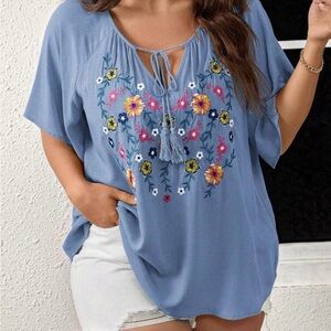Blue Floral Embroidered Tie-Neck Women's Top